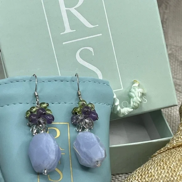 Ross-Simons Blue Agate Amethyst Peridot Quartz Cluster Dangle Earrings 11.6g - Picture 9 of 15